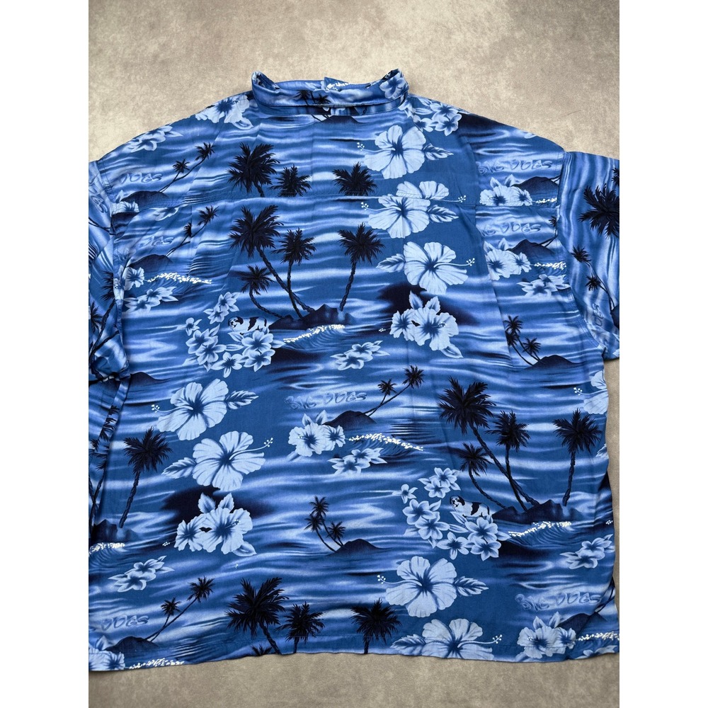 Big Dogs Mens 5X Blue Tropical Hibiscus Palm Tree Rayon Button Shirt Hawaiian